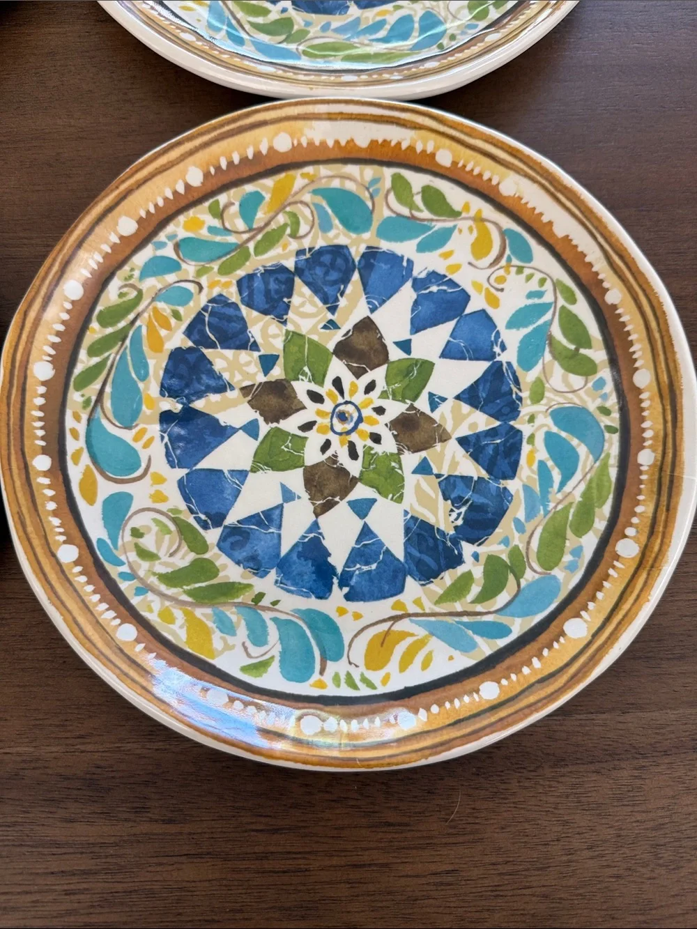 Pottery Barn Melamine Dessert/Salad  Plates in Blue, Green & Gold Set of 6